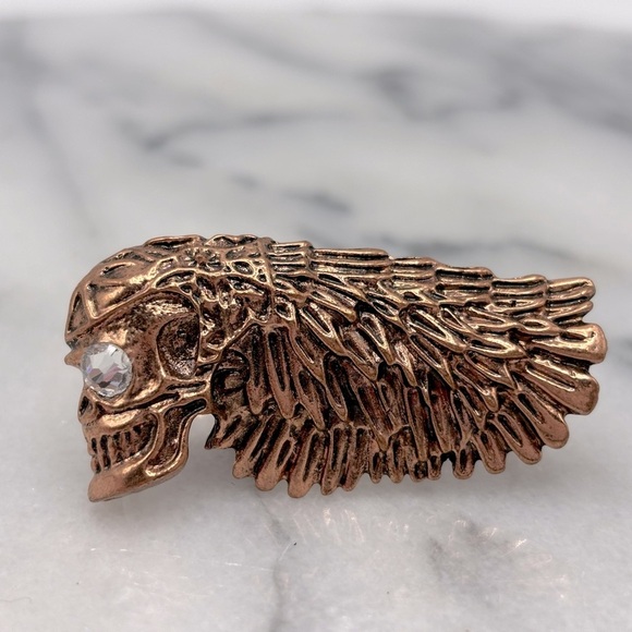 Skull Biker Ring in Rose Gold‎ Copper Color Duo Finger Knuckle Ring with Crystal - Picture 1 of 4